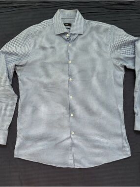 HUGO BOSS MENS BLUE 100%COTTON PLAID DRESS SHIRT SHARP FIT SIZE: 16 L